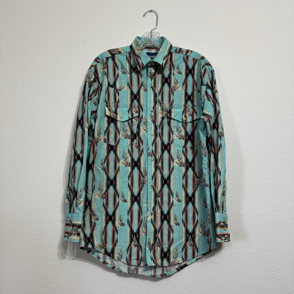 Wrangler Turquoise Aztec Southwestern Cactus Print Pearl Snap Long Sleeve Mens M